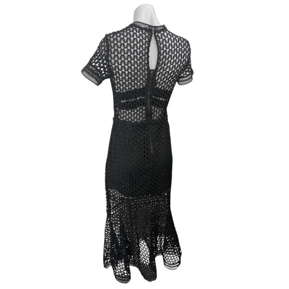 RoseLani Black Cutout Lace Overlay High Neck Short Sleeve Midi A-Line Dress Sz M - Picture 2 of 4